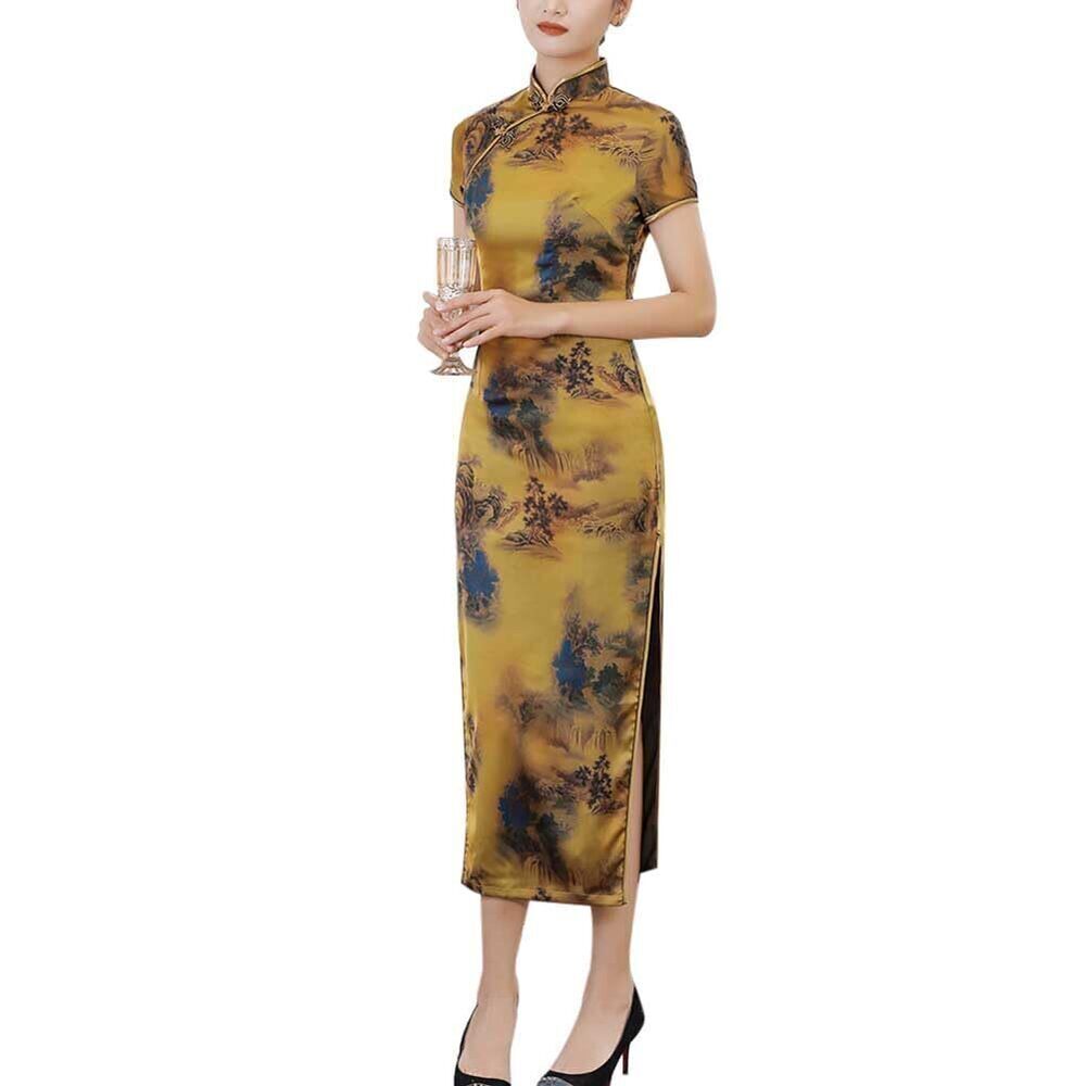 4165 Summer Maxi Cheongsam Vintage Floral Print Short Sleeve High Slit Tea